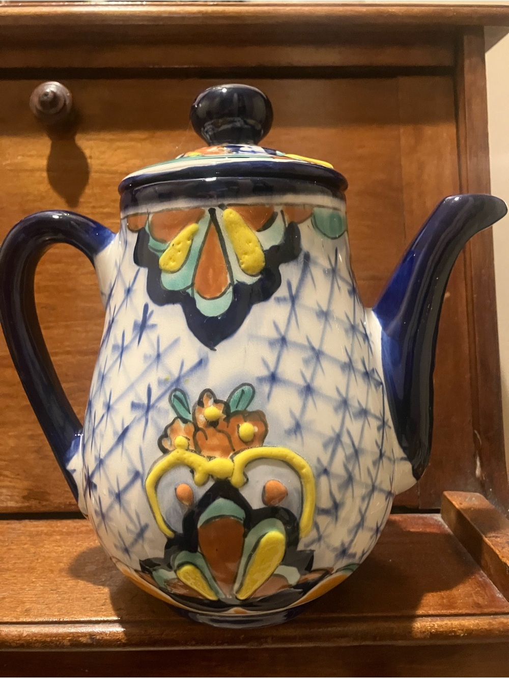 Hand-Painted Mexican talavera ceramic teapot.